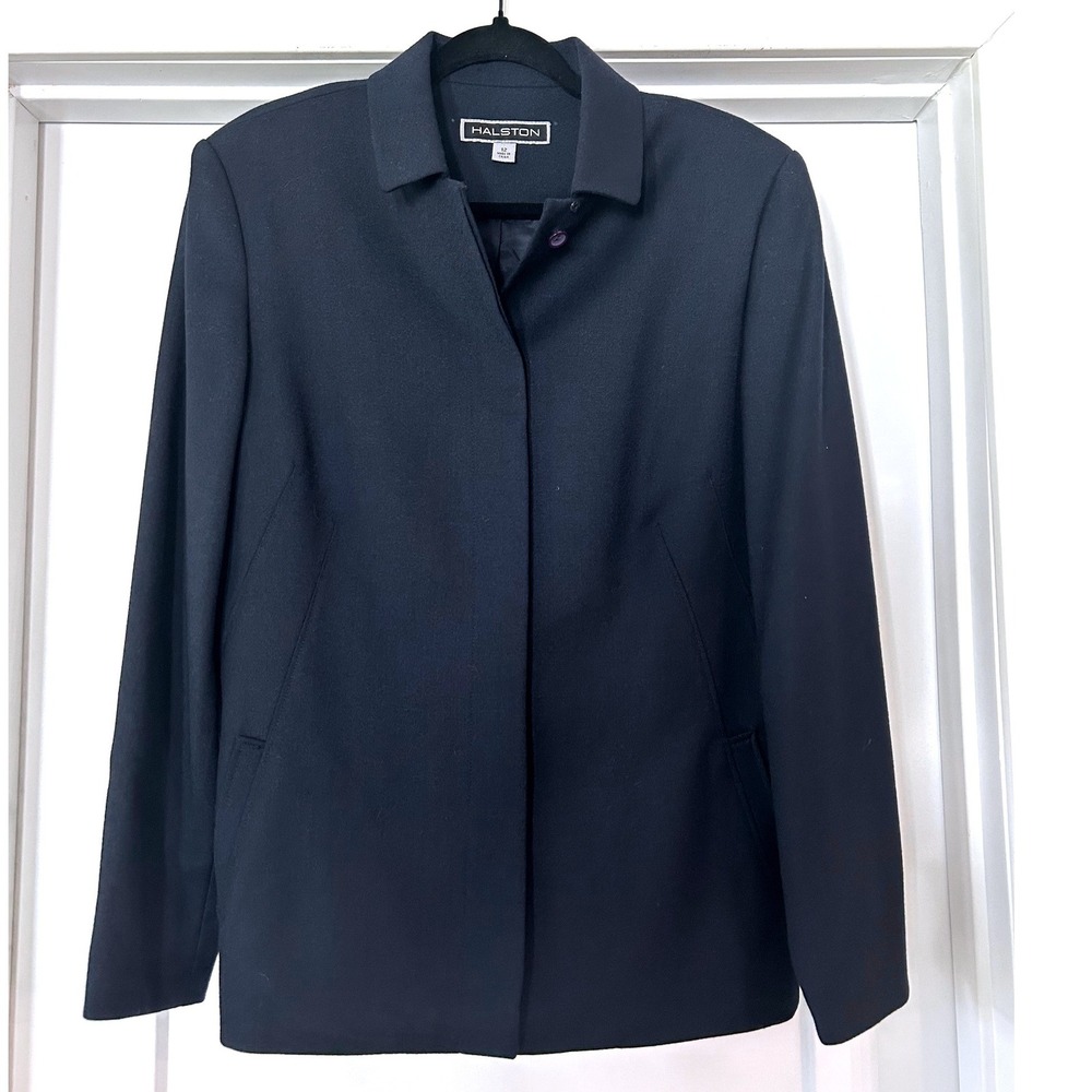 Halston Vintage Navy Blue 100% Wool Hidden Button Blazer Jacket Womens 12 Office